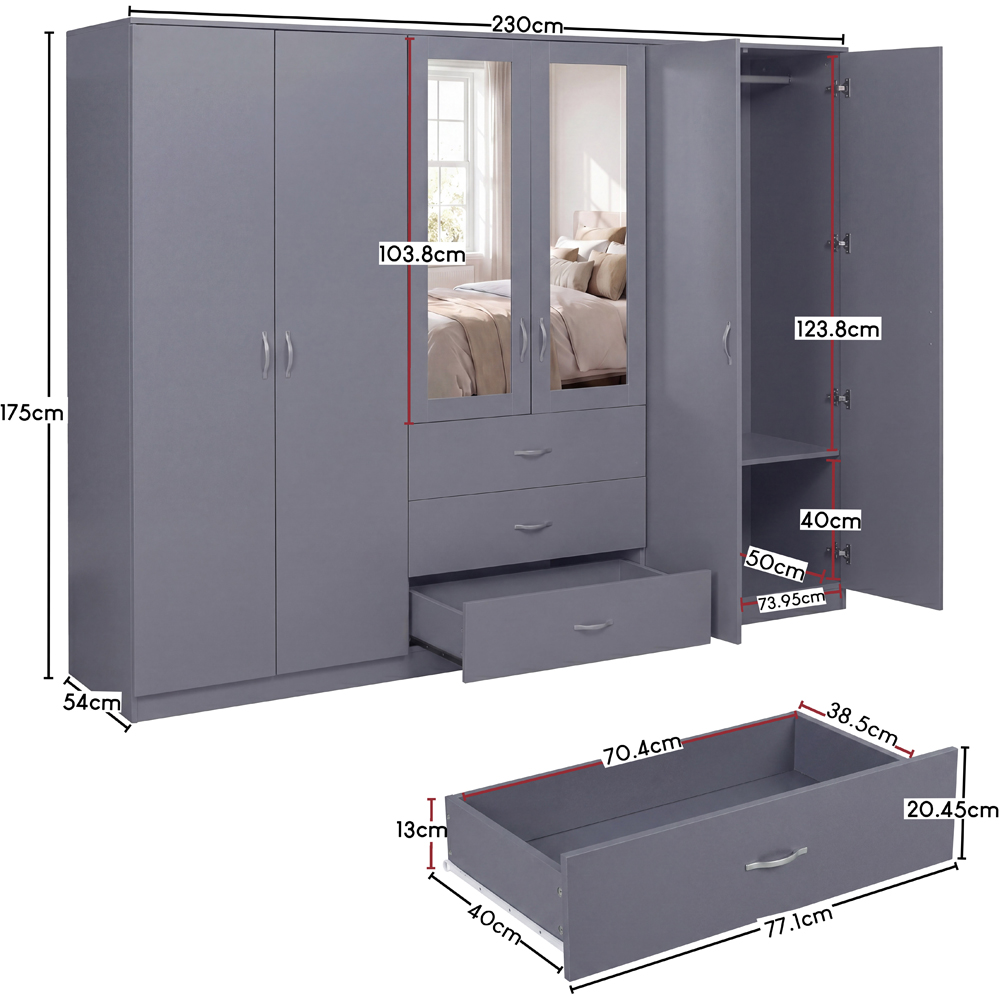 VIDA DESIGNS Riano 6 Door 3 Drawer Grey Mirrored Wardrobe Image 8