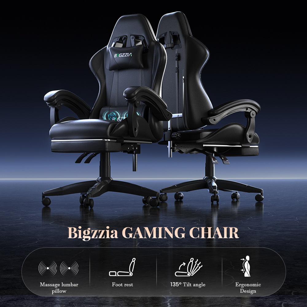 Rattrix Black Reclining Gaming Chair with Massage Lumbar Cushion and Footrest Image 8
