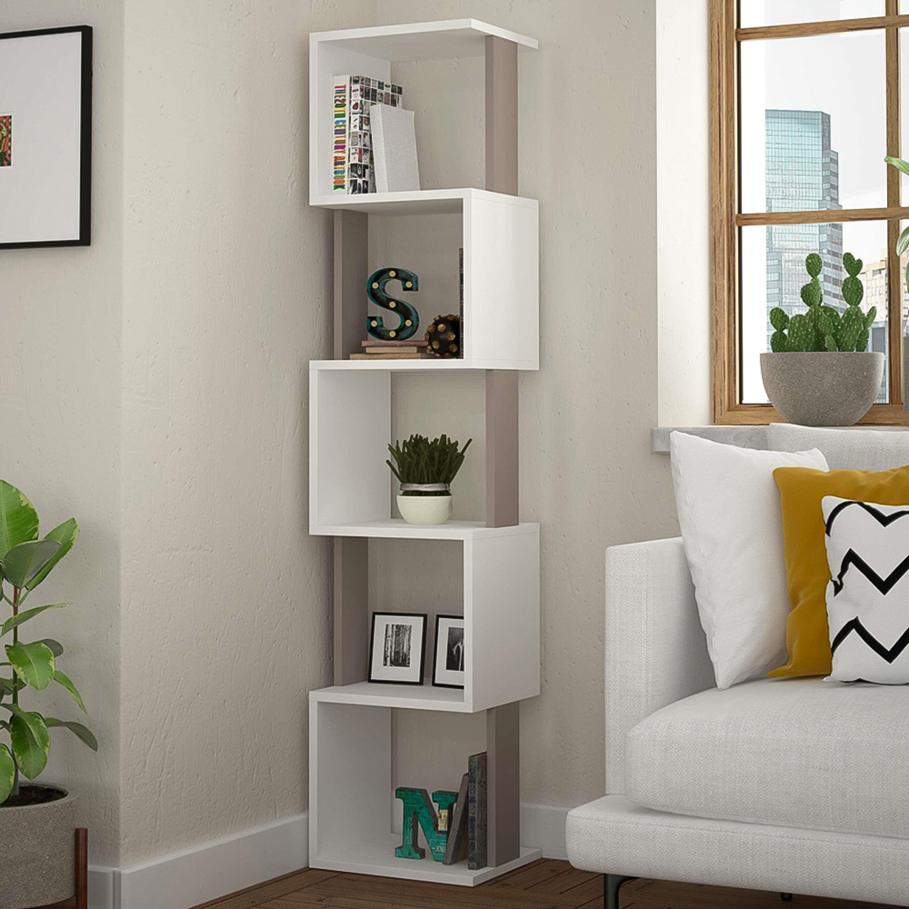 Decortie Piri 5 Shelf White and Mocha Grey Modern Tall Bookcase Image 1