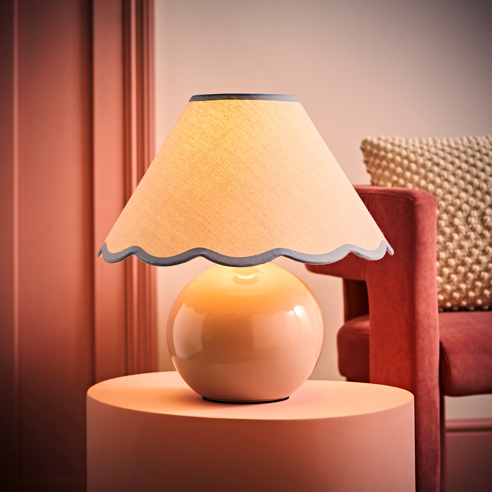 ValueLights Bosco Natural Stone Linen Blue Trim Scallop Shade Ceramic LED Table Lamp Image 6