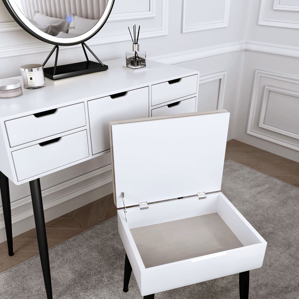 CARME Home Gabriella White and Black Padded Velvet Storage Stool Image 4