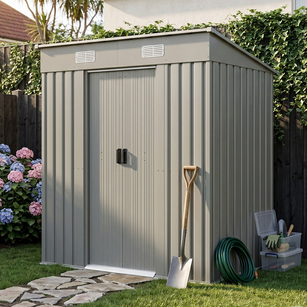 Living and Home 4 x 6ft Grey Metal Pent Garden Tool Shed Image 2
