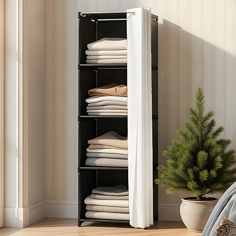 Living and Home 4-Tier Black Freestanding Portable Wardrobe with Curtain Image 1