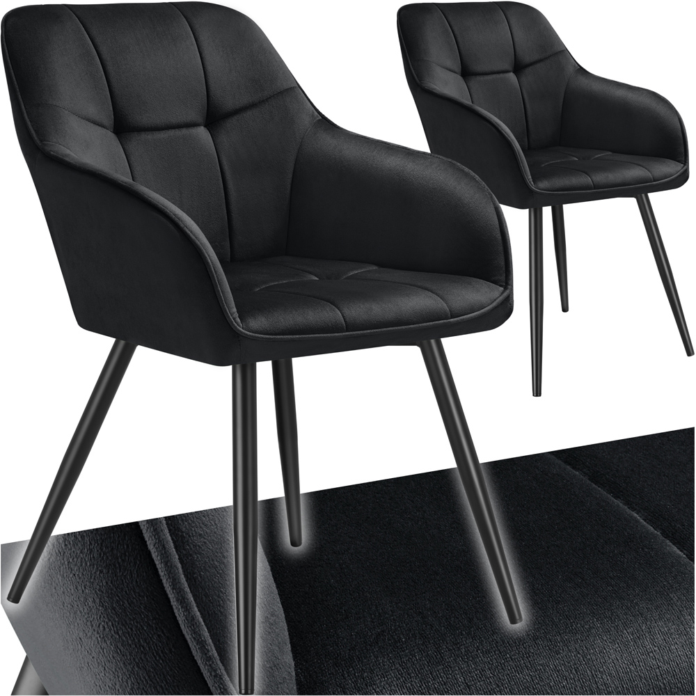 tectake Marilyn Set of 2 Black Velvet Quilted Dining Chair with Armrest Image 2
