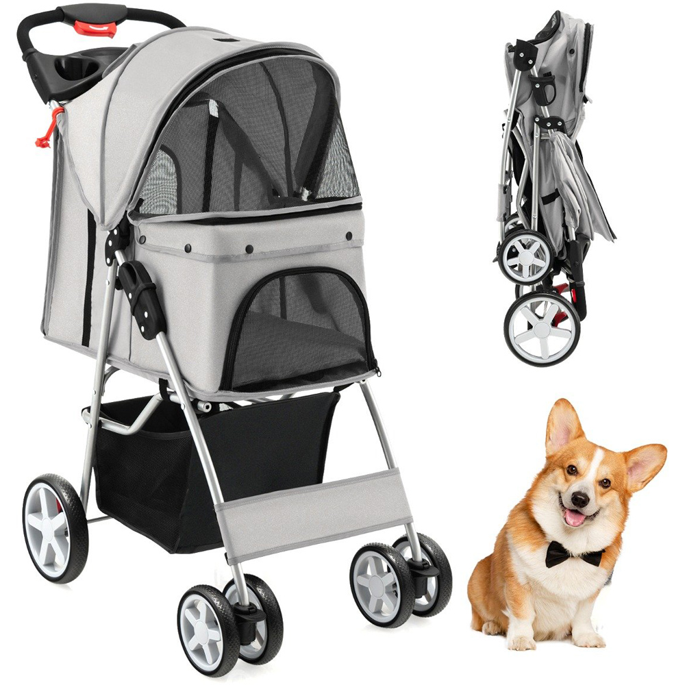 Costway Grey Folding Pet Stroller with Wheels and Canopy Image 3