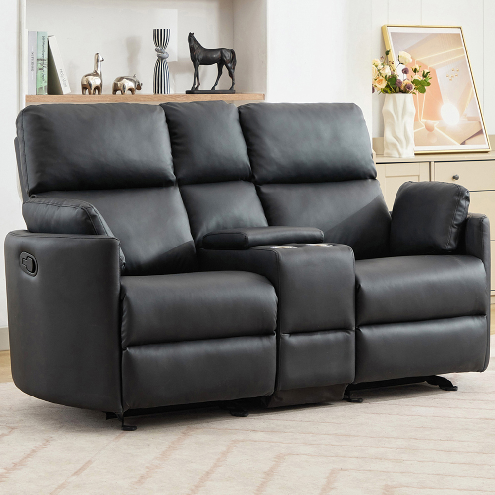 Artemis Home Hudson 2 Seater Black Leather Rocker Manual Recliner Sofa with Centre Console Image 1