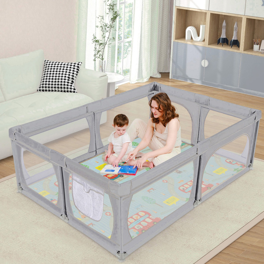 Costway Light Grey 4 Pull Rings Baby Playpen with Mat and Balls Image 2