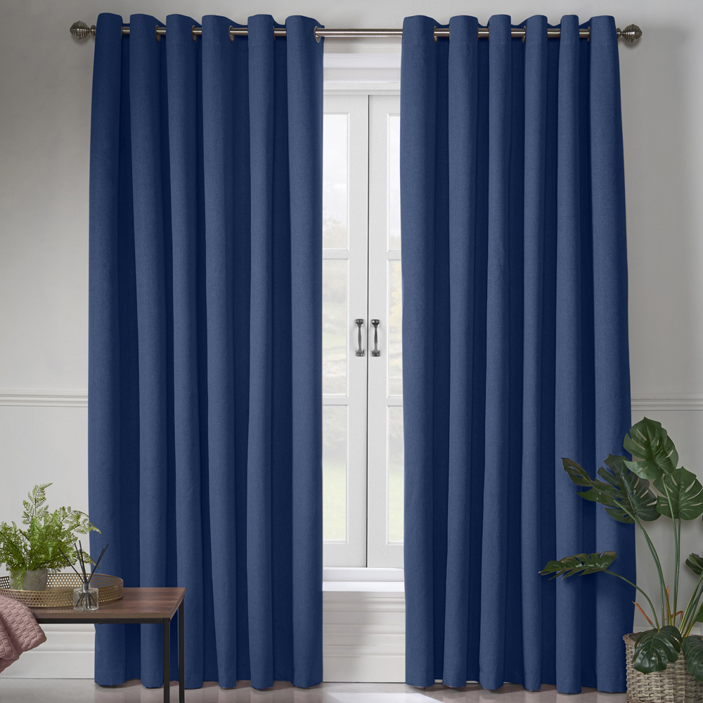 Alan Symonds Blue Linen Look Blackout Ring Top Eyelet Curtains 229 x 183cm Image 2