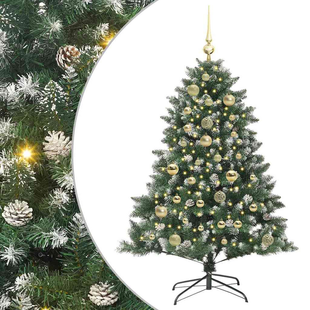vidaXL Pre-Lit Gold Bauble Pinecones Green Snow Flocked Artificial Christmas Tree 4ft Image 6