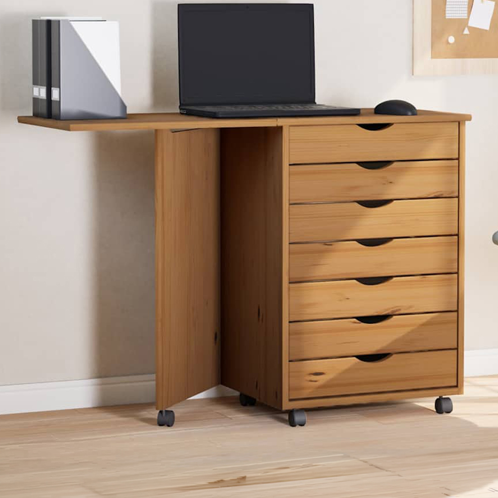 vidaXL Moss 7 Drawer Honey Brown Solid Pine Mobile Chest of Drawers with Desk Image 1