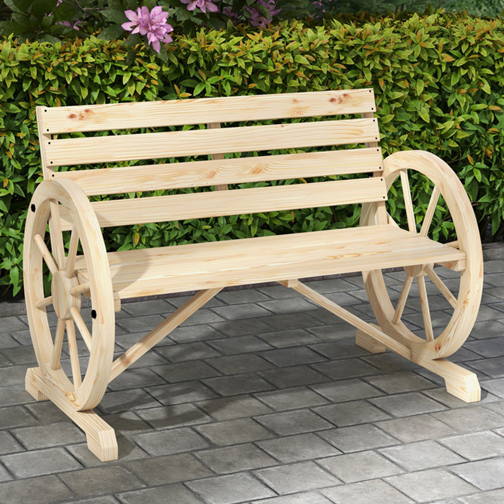 Outsunny 2 Seater Natural Garden Bench with Cart Wagon Wheel Image 1