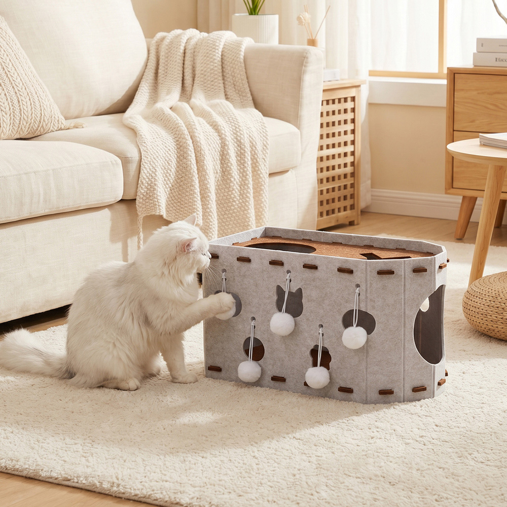 H&O Direct Beige and Brown Felt Cat House with Hanging Fluffy Ball Image 2