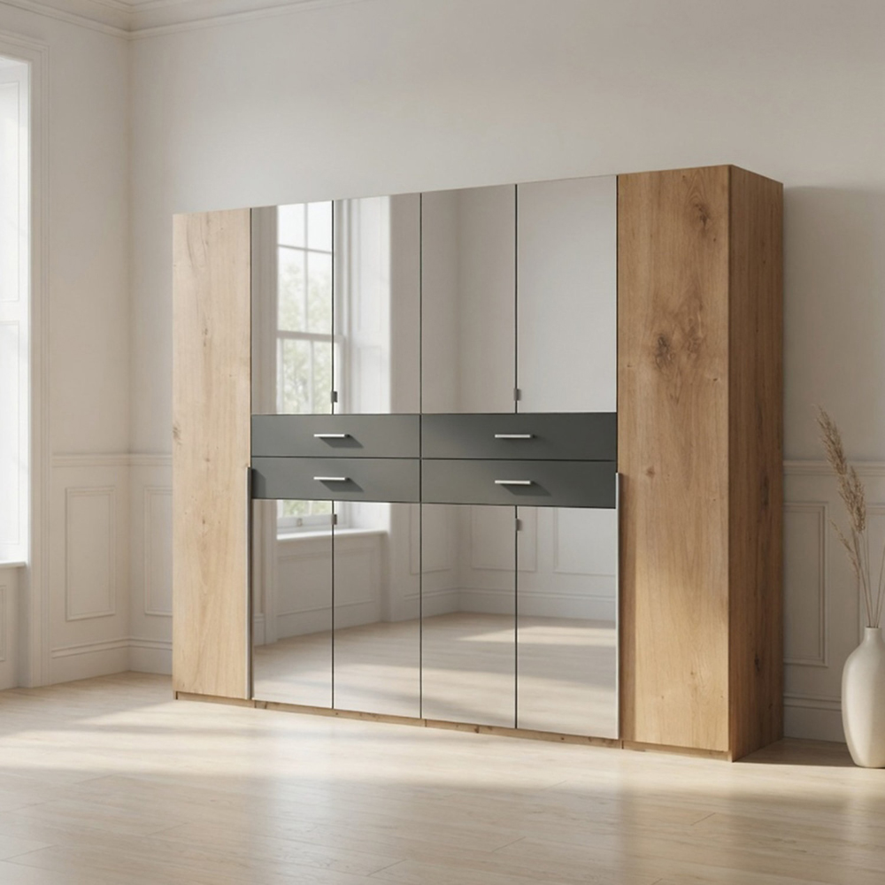 TJ'S Lviv 6 Door 4 Drawer Oak Wardrobe with Mirror Image 4