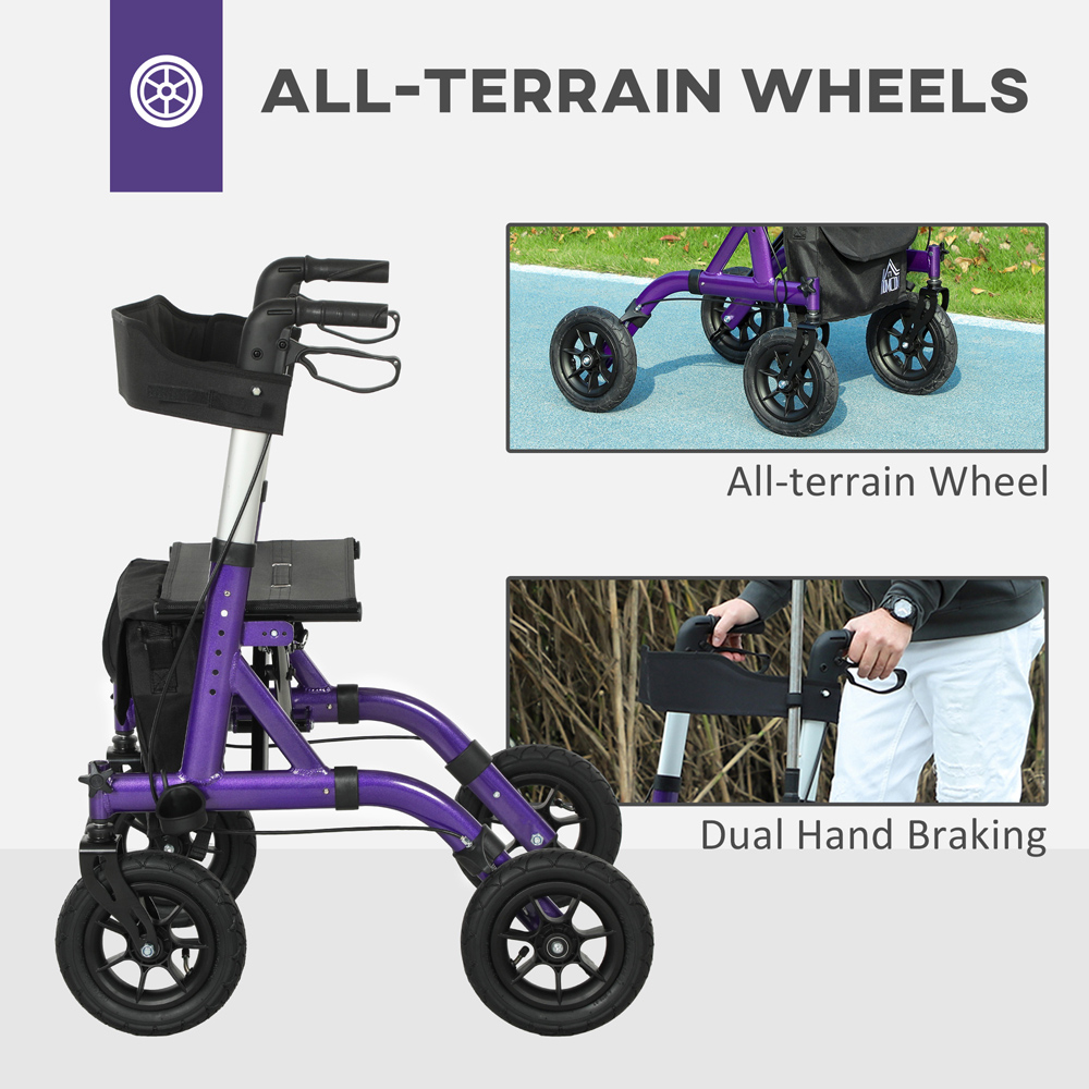 HOMCOM Purple 4-Wheel Foldable Rollator Walker with Bag and Seat Image 5