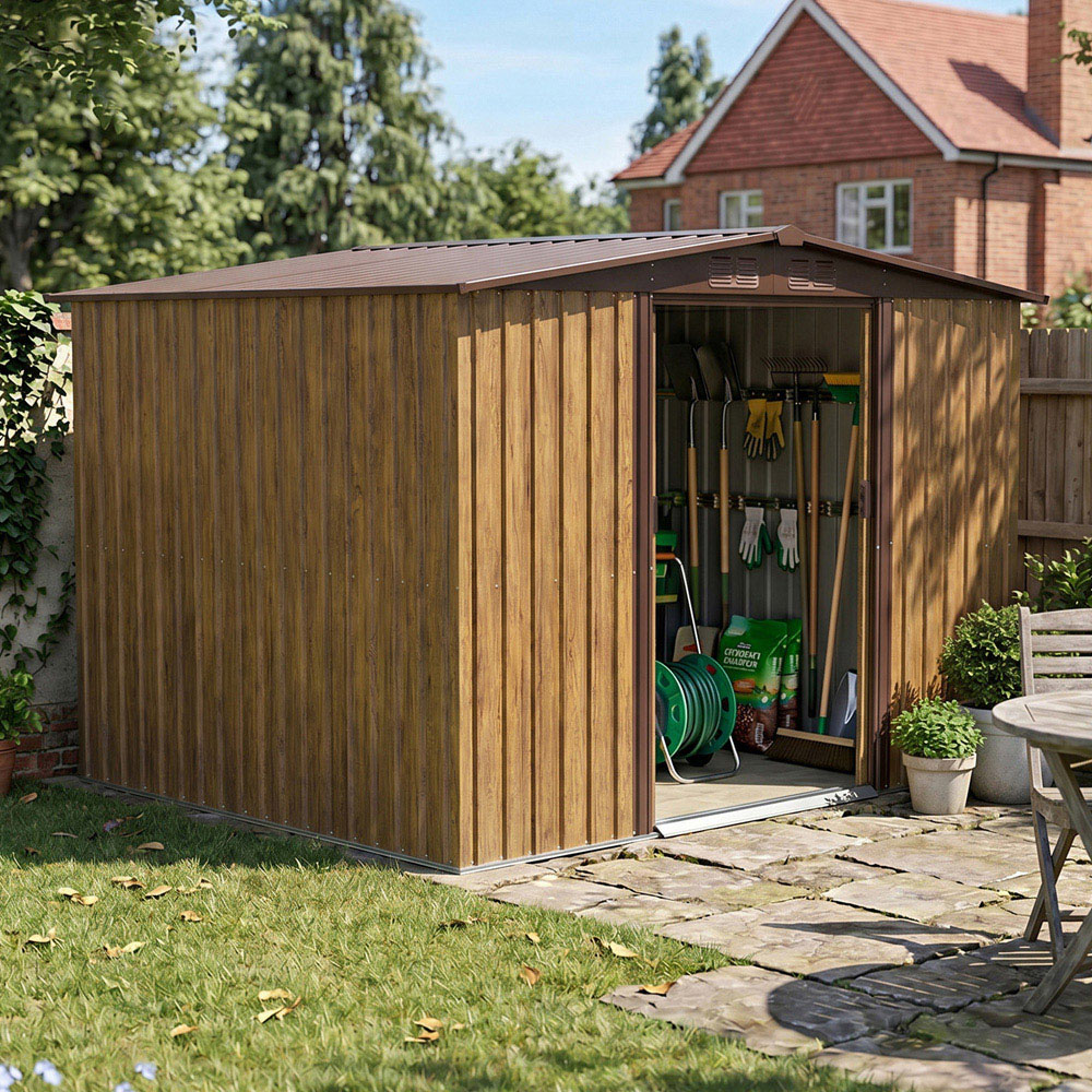Living and Home 6 x 8ft Wood Grain Finish Metal Apex Garden Shed Image 2