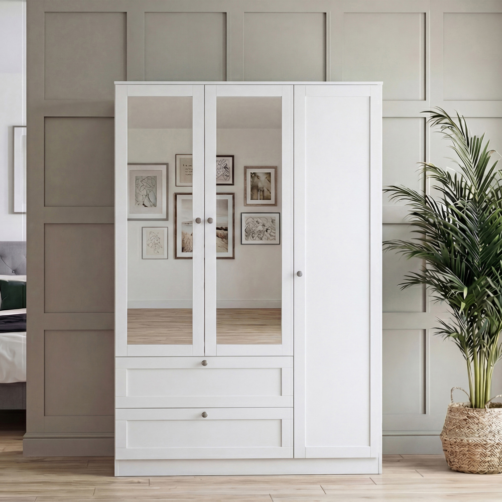 VIDA DESIGNS Altino 3 Door 2 Drawer White Shaker-Style Mirrored Wardrobe Image 3