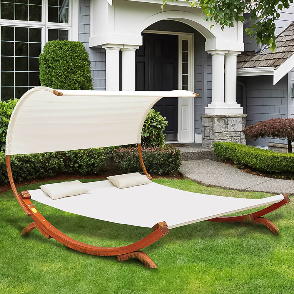Outsunny Cream Double Sun Lounger with Wooden Canopy Image 1