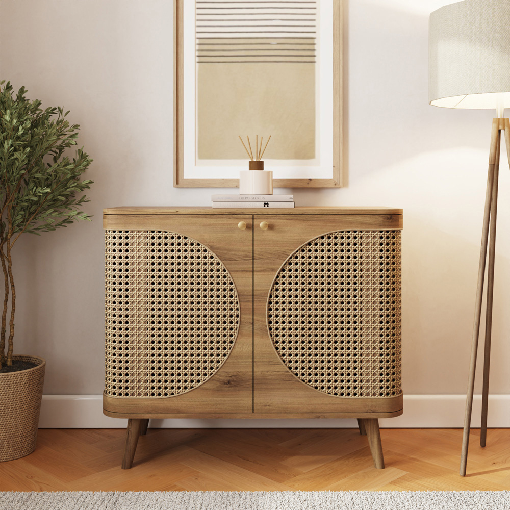 GFW Sorrel 2 Door Oak Rattan Compact Sideboard Image 7