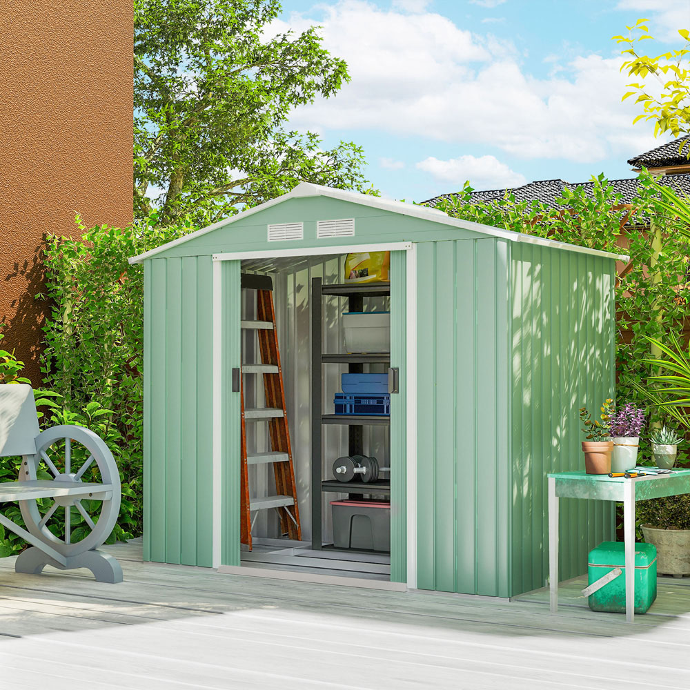 Outsunny 7 x 4ft Light Green Metal Apex Garden Shed with Foundation Kit and Vents Image 2