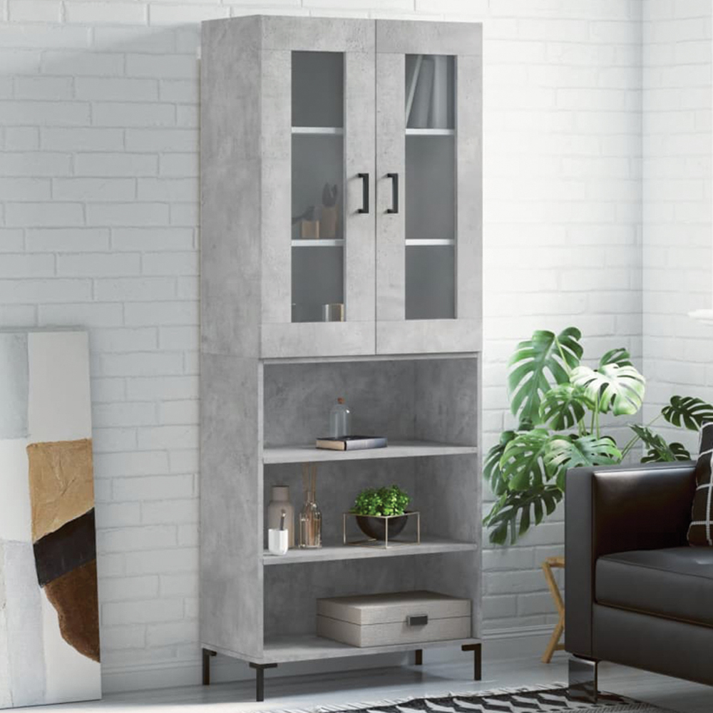 vidaXL 2 Glass Door 3 Shelf Concrete Grey Highboard with Metal Feet Image 1