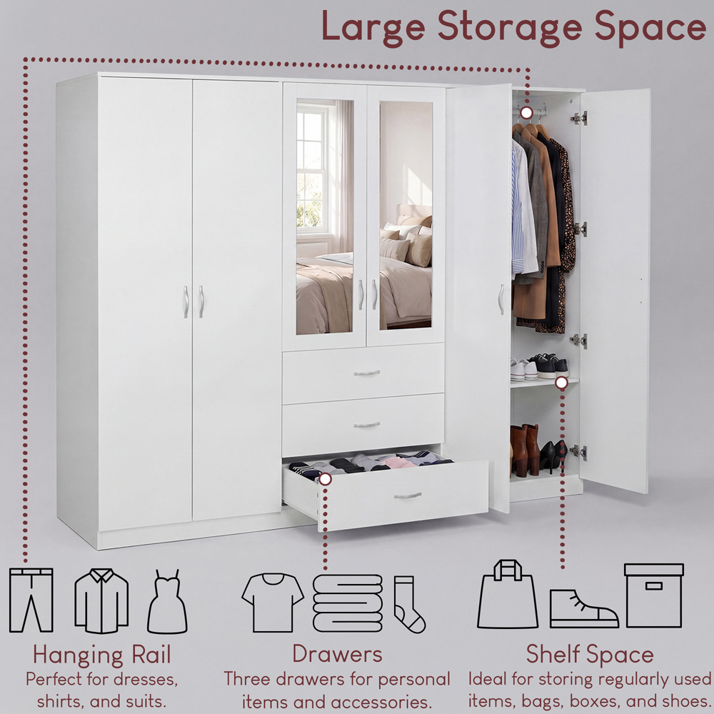 VIDA DESIGNS Riano 6 Door 3 Drawer White Mirrored Wardrobe Image 5