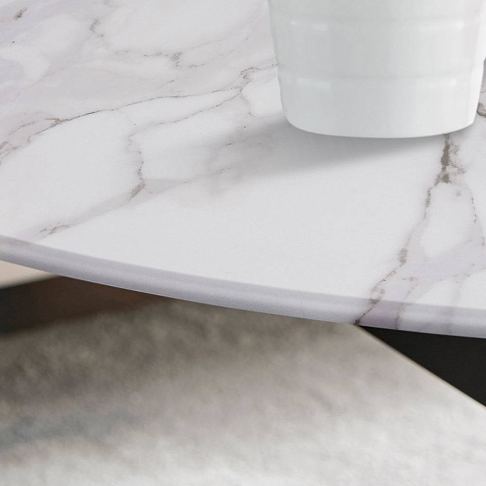Furniturebox Arona Round White Marble Effect Glass Coffee Table with Black Legs Image 2