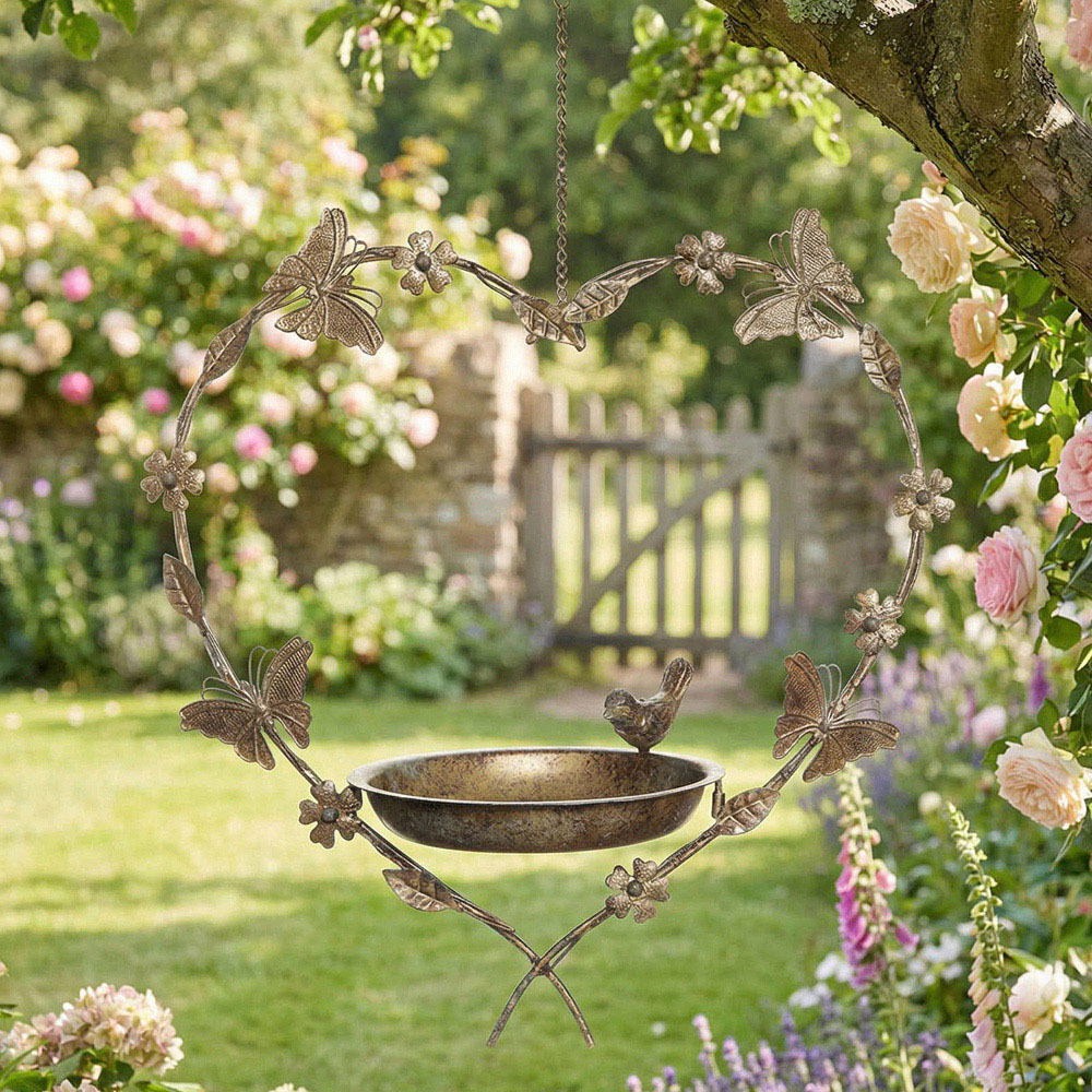 Dibor Gold Iron Heart Shaped Butterfly and Leaf Hanging Bird Feeder Dish with Chain Image 2