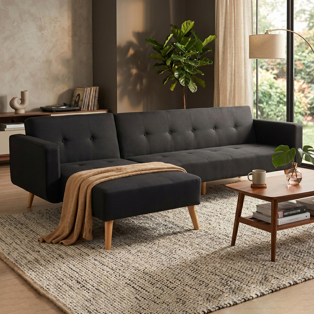 Premier Housewares Hansa Hagen 3 Seater Black Linen Corner Sofa Bed Image 1