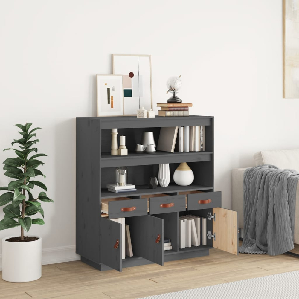 vidaXL 3 Door 3 Drawer 2 Shelf Grey Solid Pine Wood Highboard Image 3