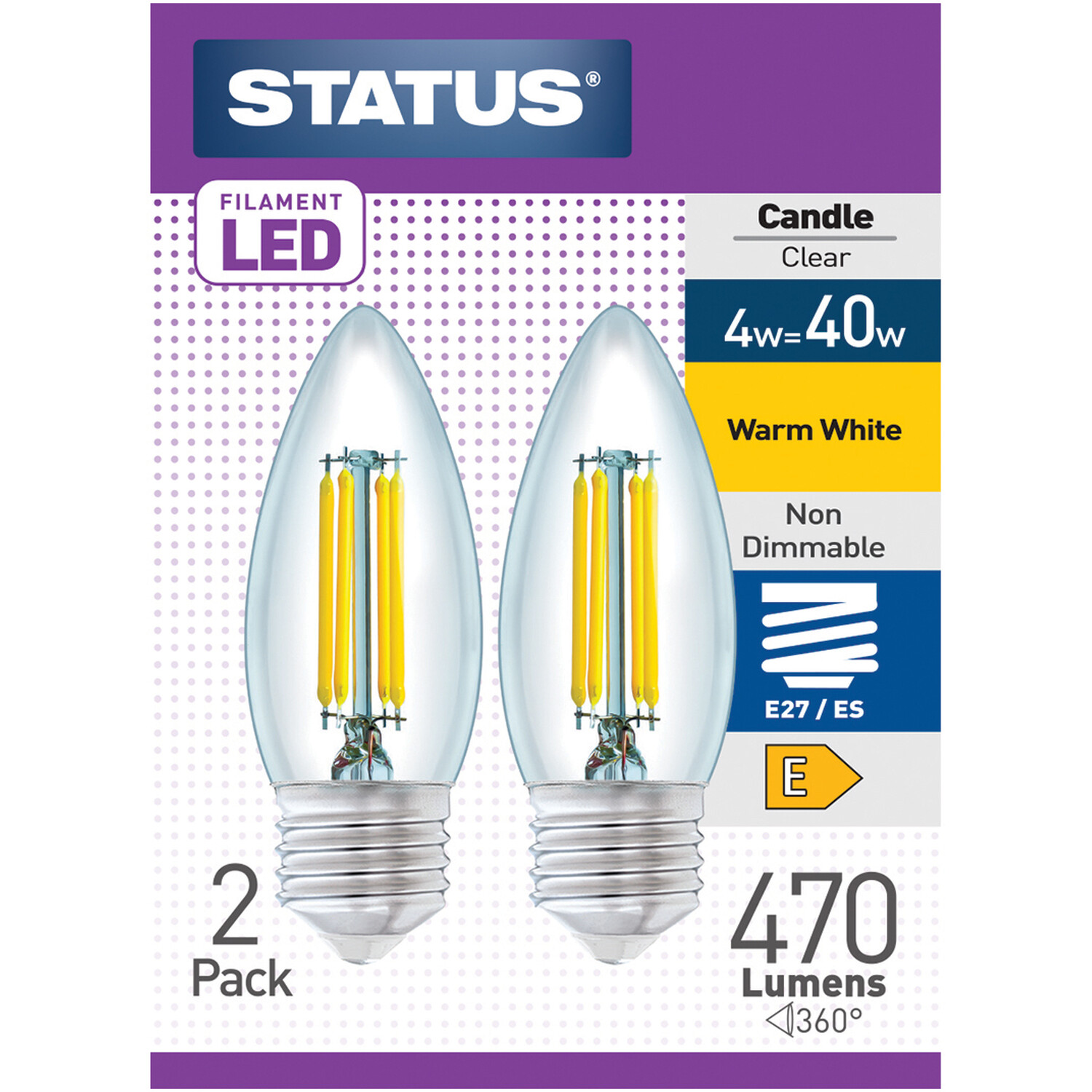 Pack of 2 Status 4W Filament LED Candle Lightbulbs - Edison Screw / ES Image 1