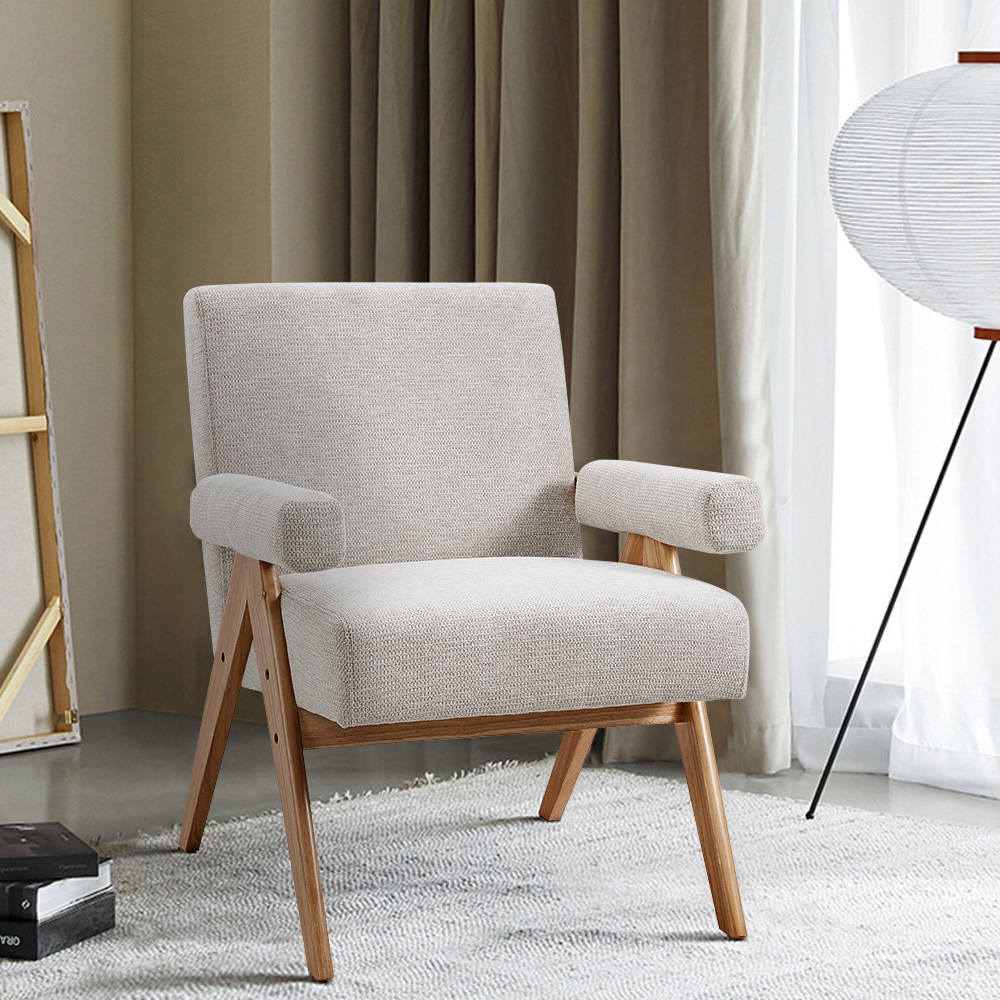 Living and Home Beige Linen Upholstered Wooden Armchair Image 3