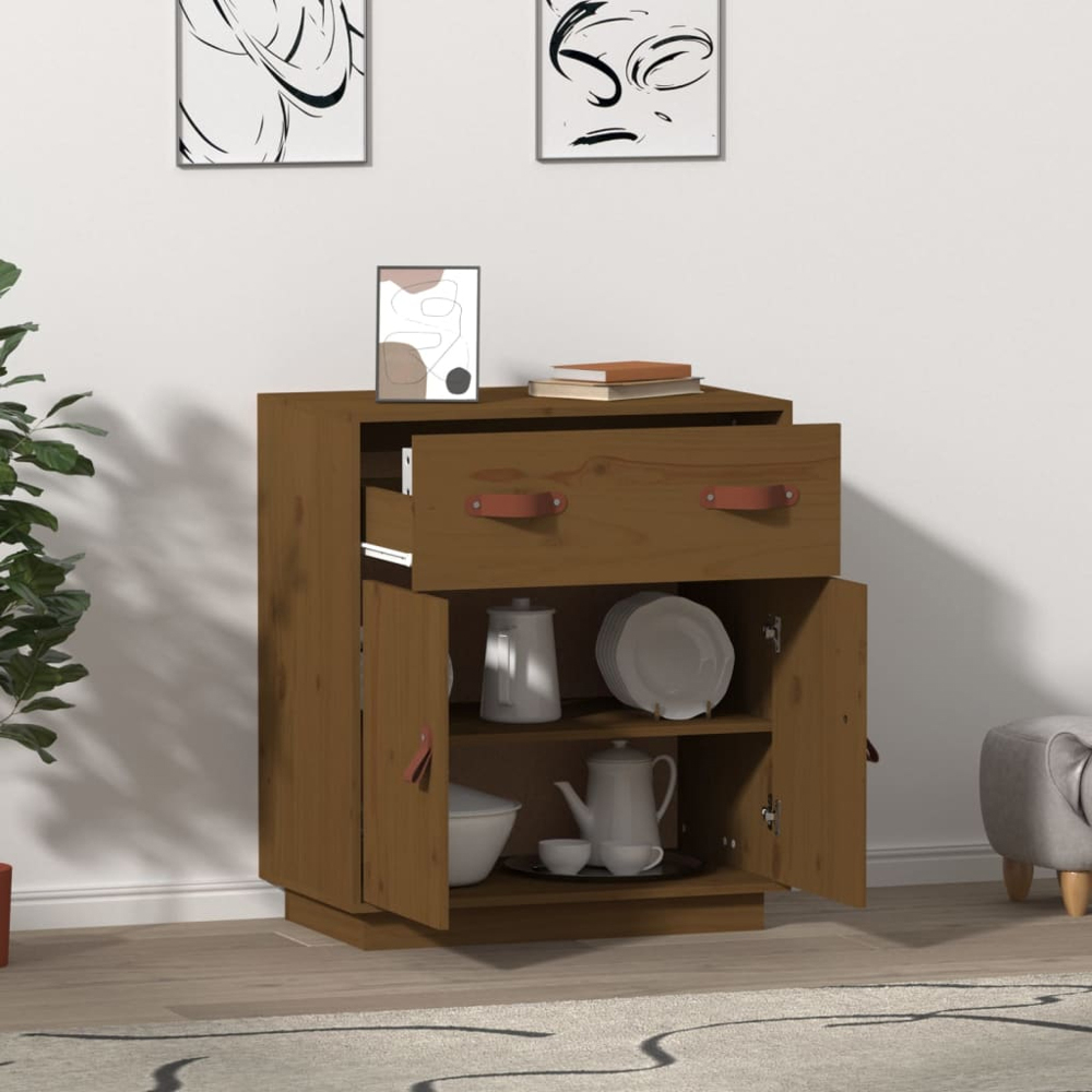 vidaXL 2 Door Single Drawer Honey Brown Pine Wood Sideboard Image 6