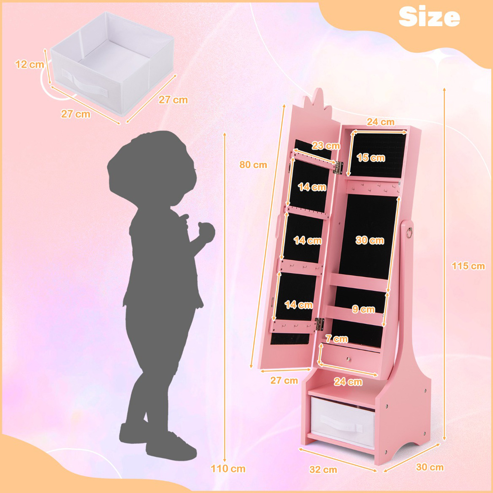 Costway Single Drawer Pink Kids Jewellery Cabinet with Full-Length Mirror Image 9