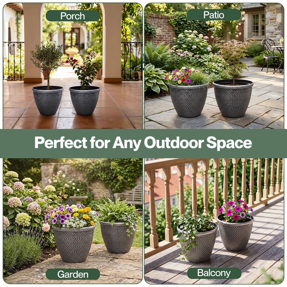 TOQUE Black and Antique Silver Effect Plastic Garden Plant Pot with Drainage Holes 36cm 2 Pack Image 6