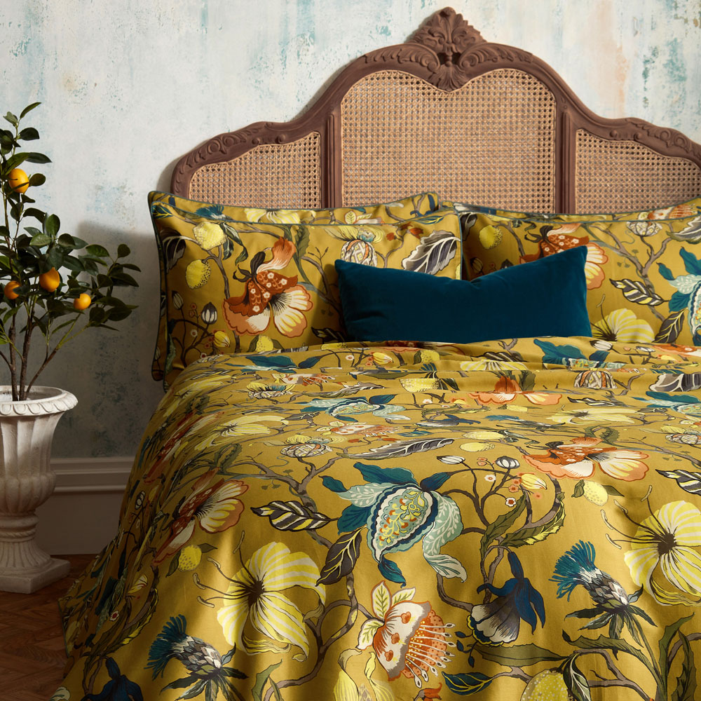 EW by Edinburgh Weavers Morton Floral Double Ochre Cotton Sateen Duvet Cover Set Image 2