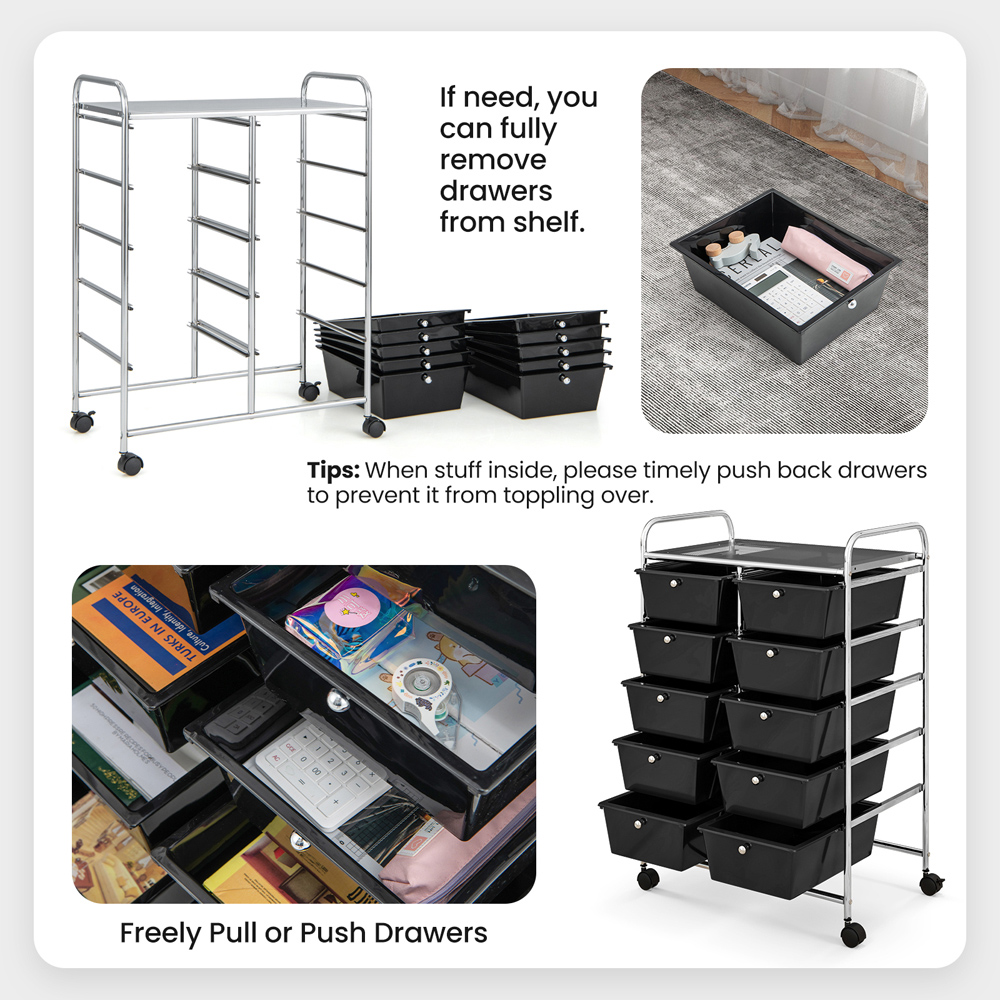 Costway 10 Drawer Black Storage Trolley Image 8