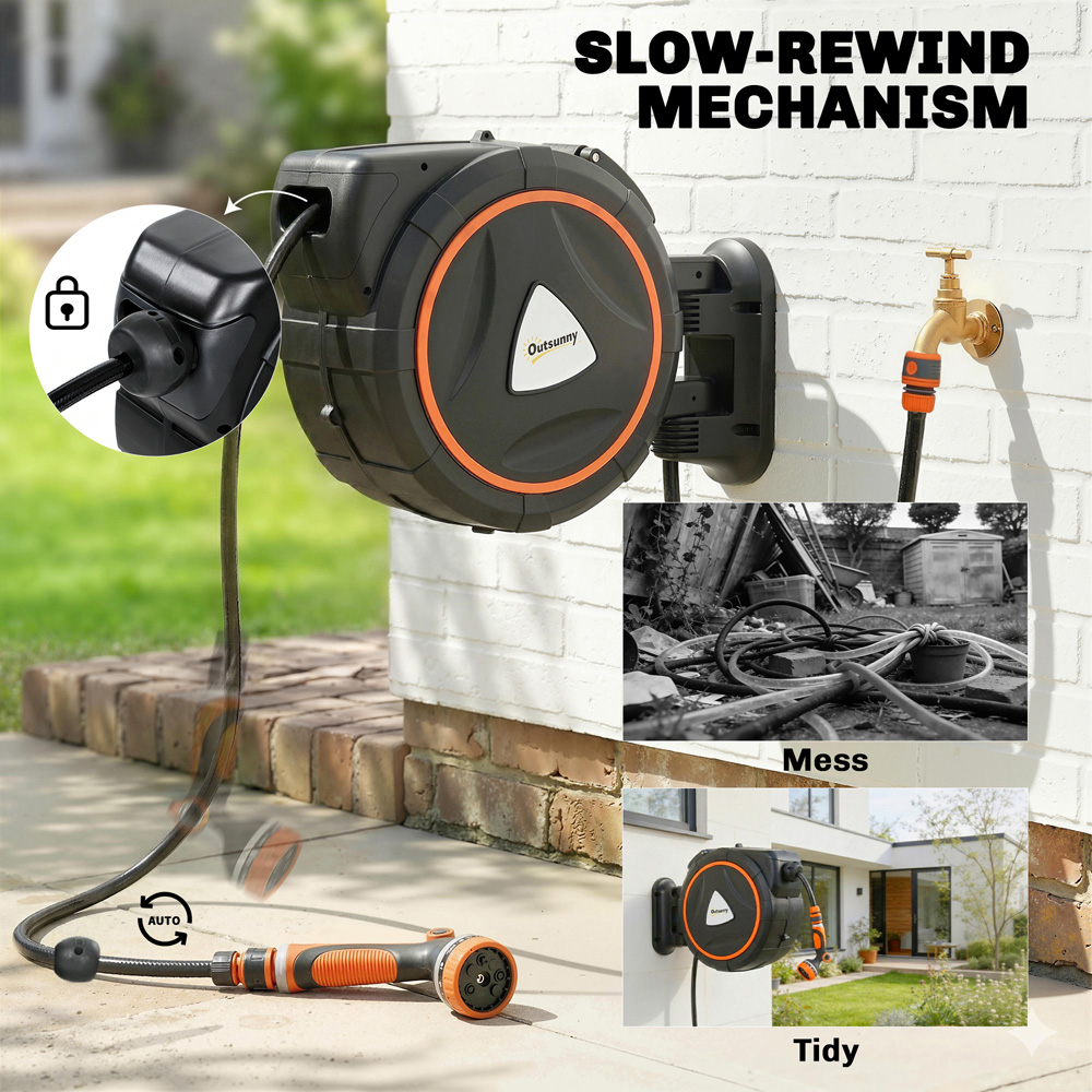 Outsunny 23m Black and Orange Wall-Mounted Retractable Hose Reel with Auto Retraction Image 6