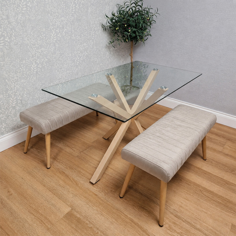 Kosy Koala 4 Seater Tempered Glass Velvet Dining Bench Set Beige Image 3