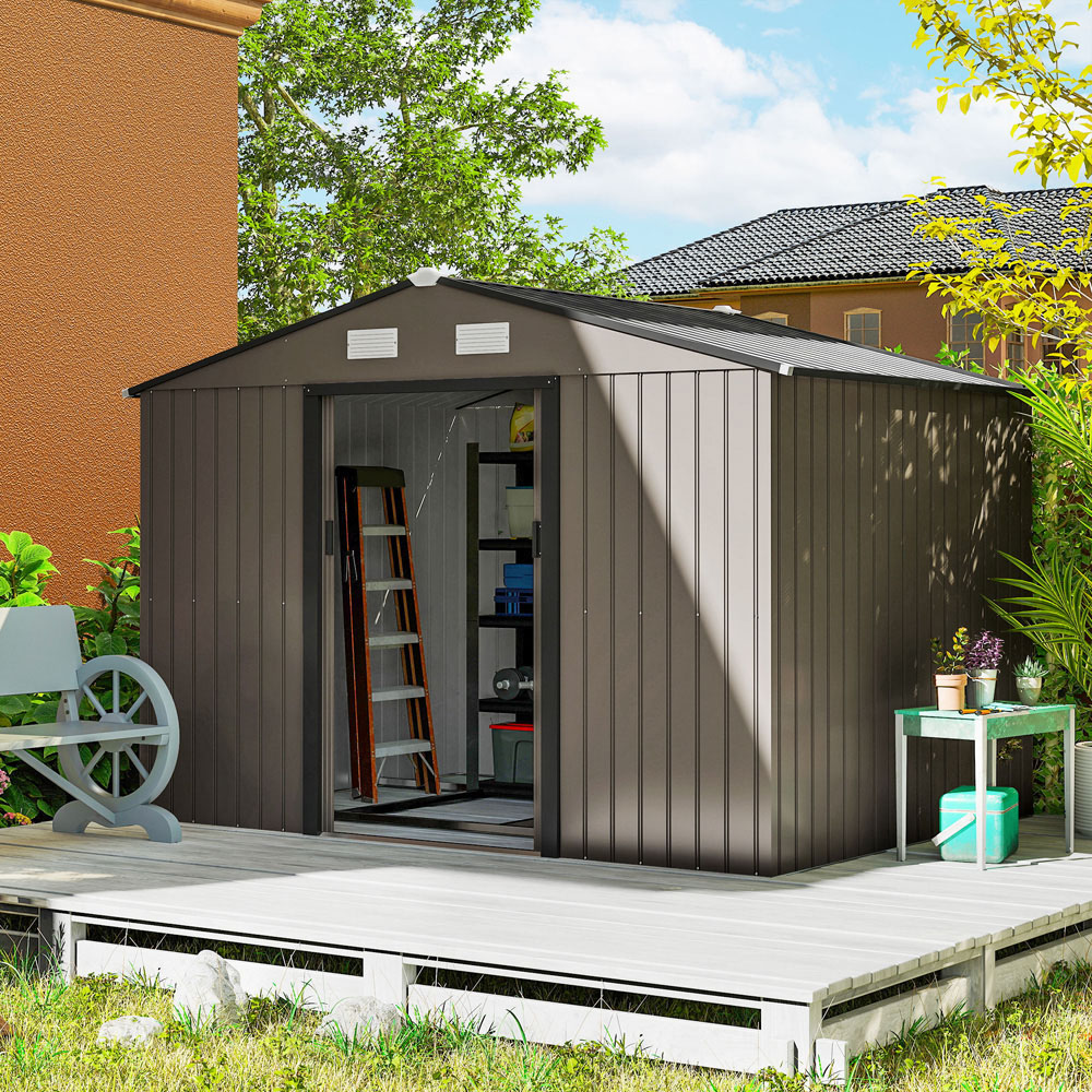 Outsunny 9 x 6ft Brown Metal Apex Garden Shed Image 2