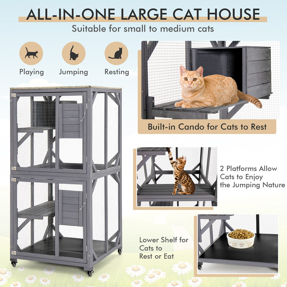 Costway 2 Door Grey Wooden Cat House with Asphalt Roof Image 7