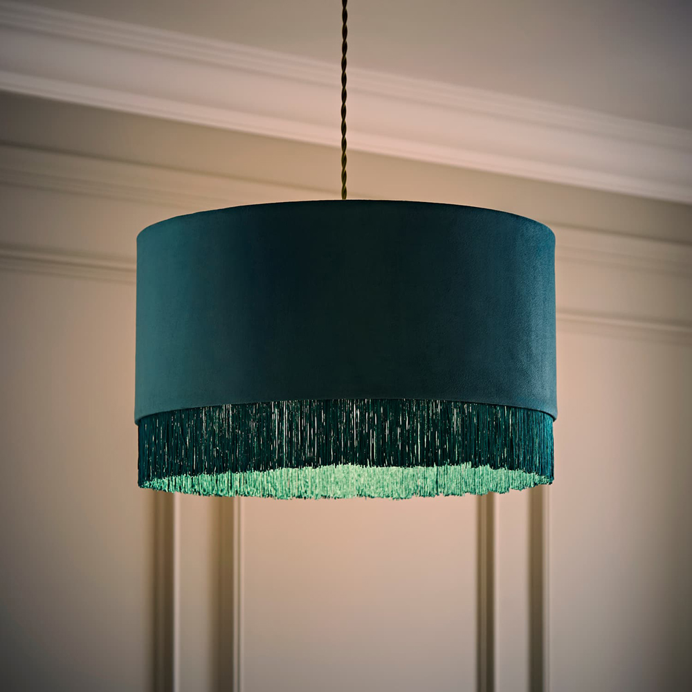 ValueLights Melody Teal Velvet Squat Ceiling Lamp Shade with Fringe Trim Image 2