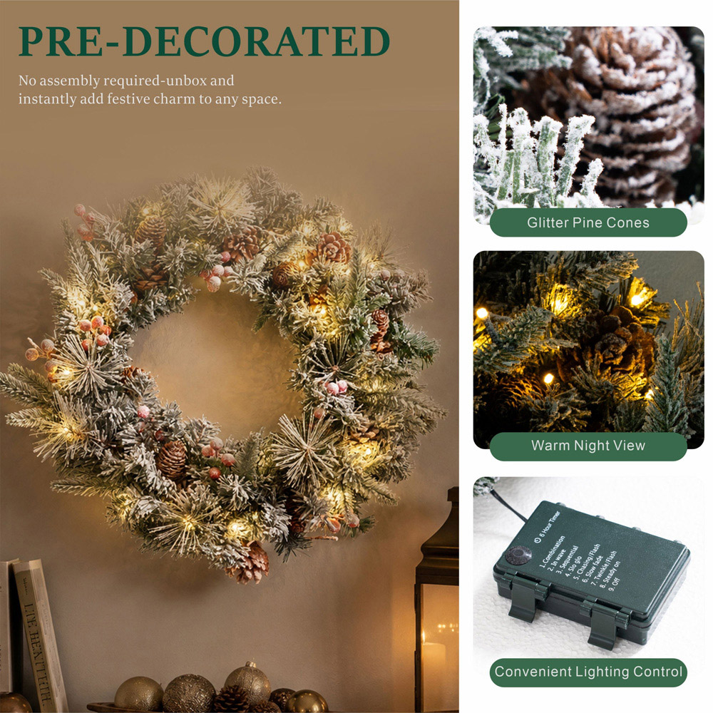 Abrihome 35 Warm White LED Snow Flocked Artificial Christmas Wreath with Tips and Pinecones 50cm Image 5