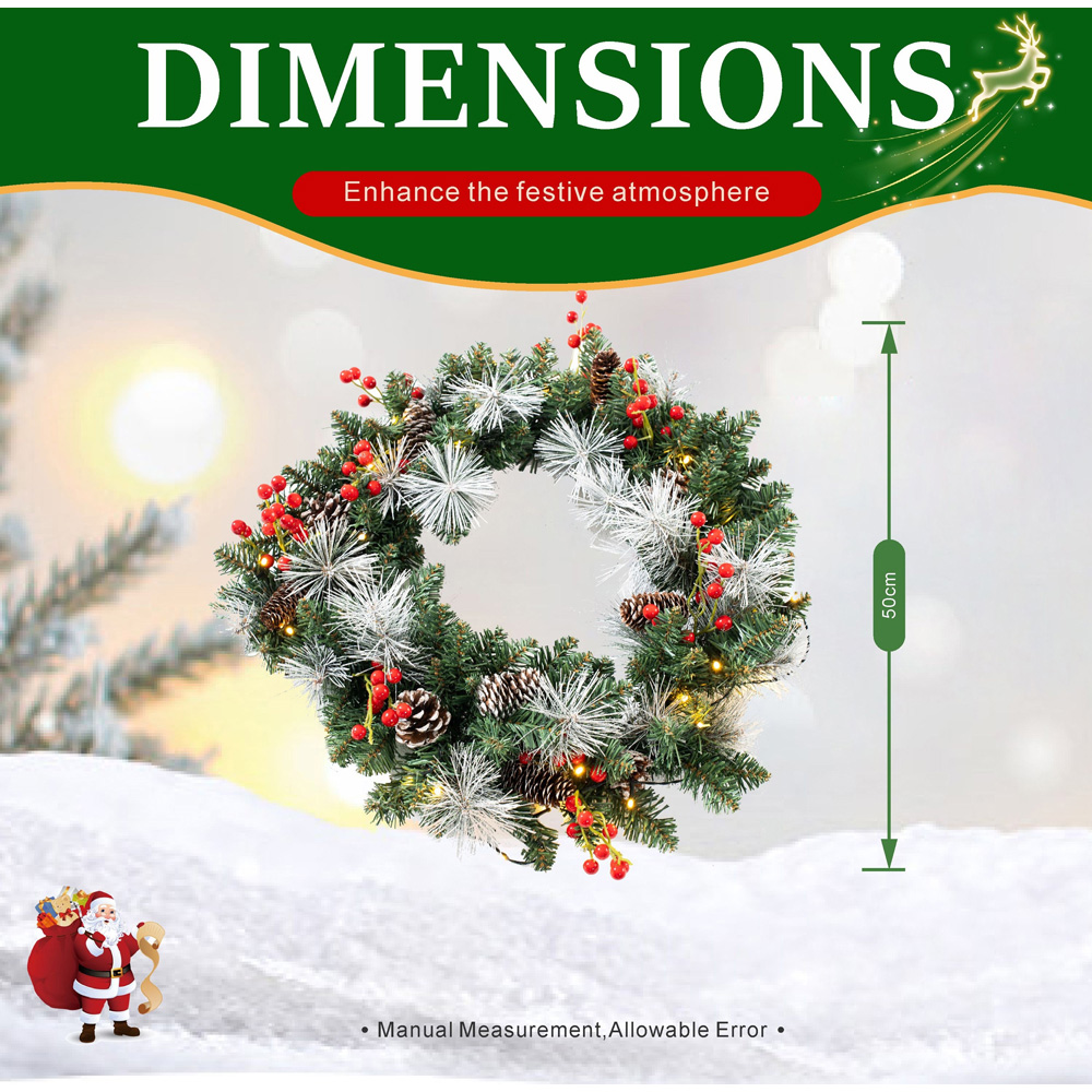 Abrihome 35 Warm White LED Artificial Cypress Christmas Wreath with 120 Tips and 10 Pinecones 50cm Image 9