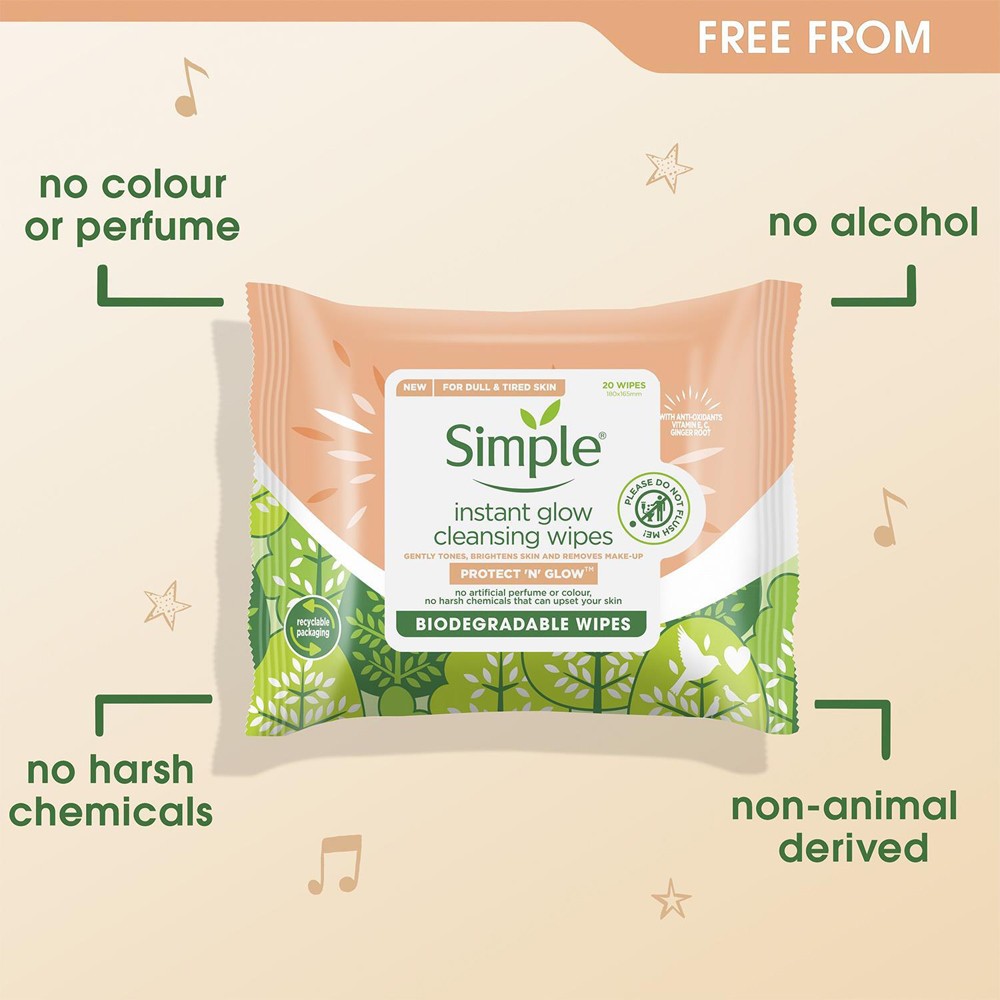 Simple Protect N Glow Biodegradable Instant Cleansing Wipes 6 Pack Image 4