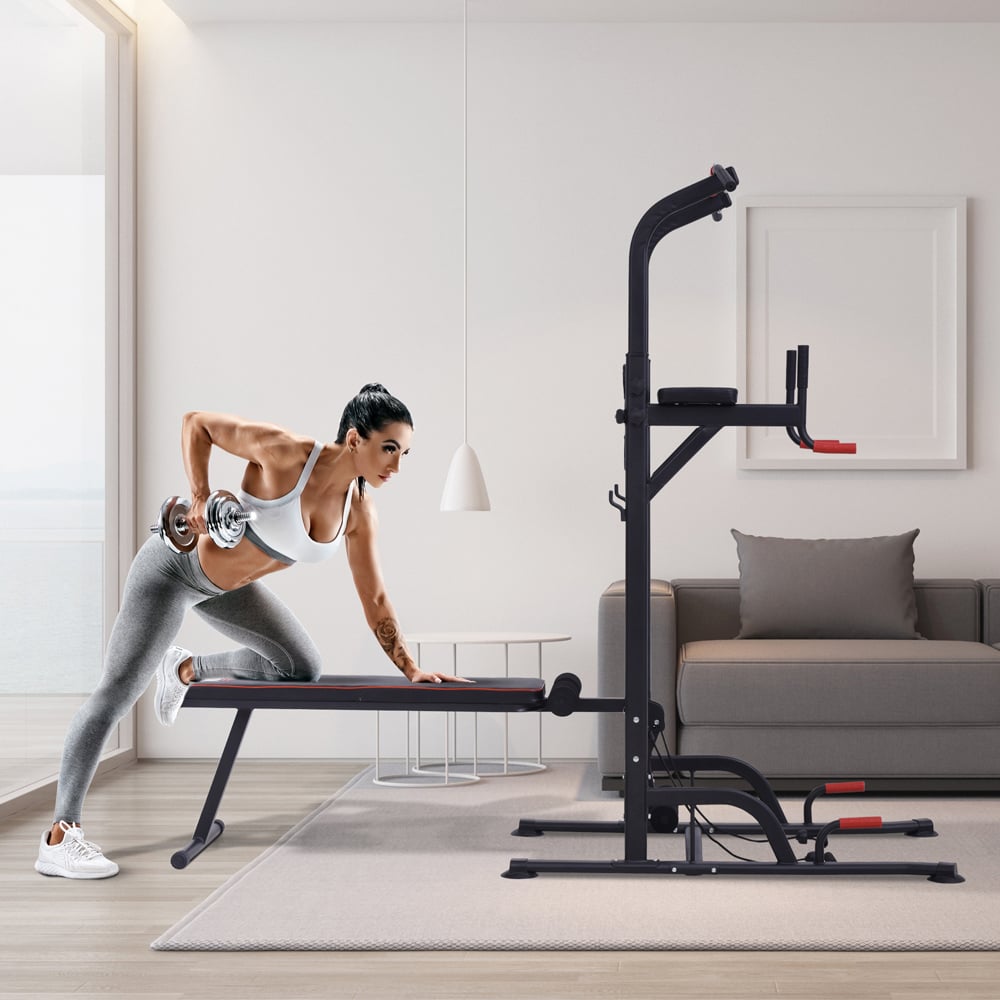HOMCOM Black and Red Steel Strength Training Power Tower Station Image 2