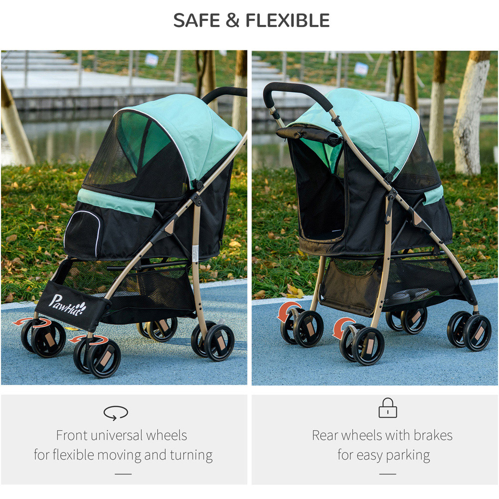 PawHut 4 Wheel Pet Stroller with Rain Cover Green Image 5