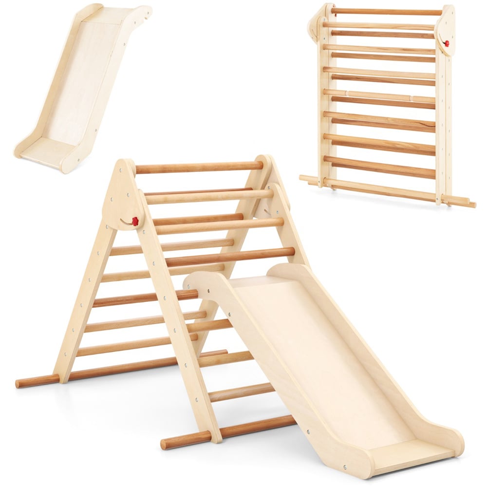 Costway Kids Natural Pikler Triangle Set with Slide Image 3
