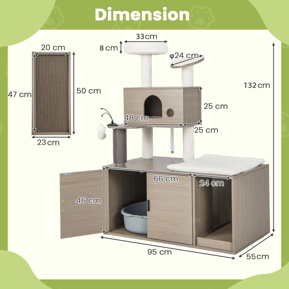 Costway Grey Cat Tree with Litter Box Enclosure 132cm Image 9