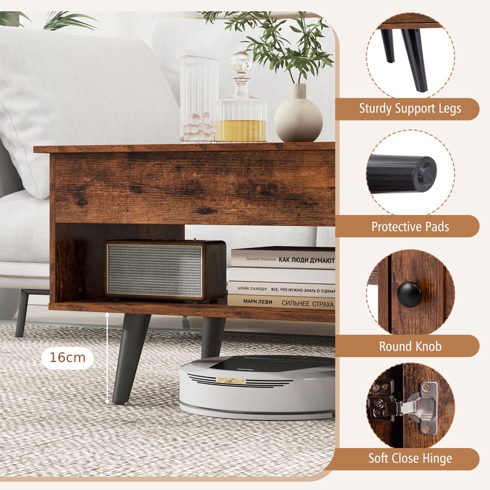 Costway Single Door Single Shelf Rustic Brown Lift Top Coffee Table Image 7