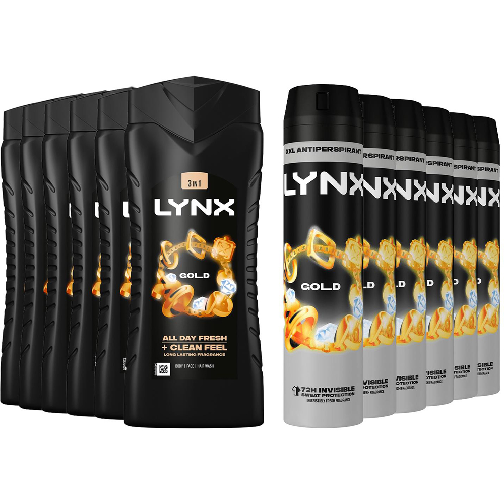 Lynx Gold Oud Wood and Fresh Vanilla Shower Gel 500ml and Anti-Perspirant Body Spray 250ml 6 Pack Image 1